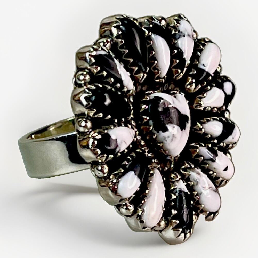 White Buffalo Turquoise Heart Full Cluster Statement Ring Sterling Silver Sz Adj